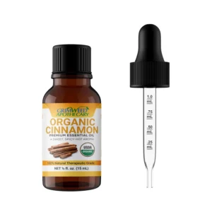 Bottle of organic cinnamon bark essential oil with glass dropper, perfect for aromatherapy and diffusers, offering a therapeutic grade experience.
