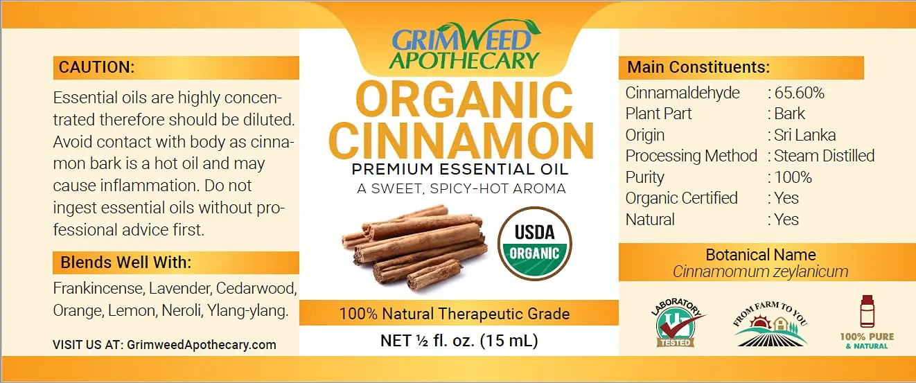 Bottle of organic cinnamon bark essential oil with glass dropper, perfect for aromatherapy and diffusers, offering a therapeutic grade experience.