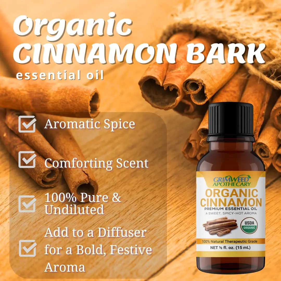 Bottle of organic cinnamon bark essential oil with glass dropper, perfect for aromatherapy and diffusers, offering a therapeutic grade experience.