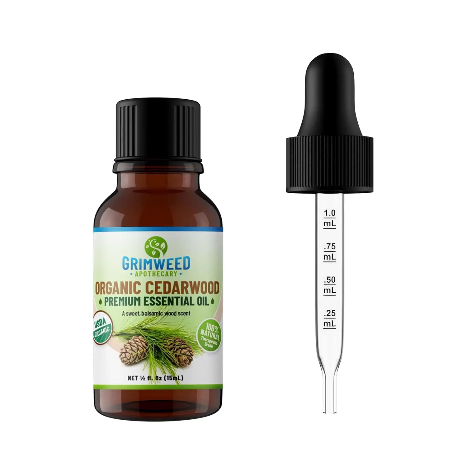 Bottle of organic cinnamon bark essential oil with glass dropper, perfect for aromatherapy and diffusers, offering a therapeutic grade experience.