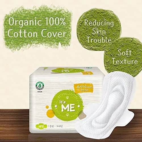 IT'S ME KOREAN premium large sanitary pads made with 100% organic cotton top sheet for sensitive skin, offering protection during menstruation and postpartum.