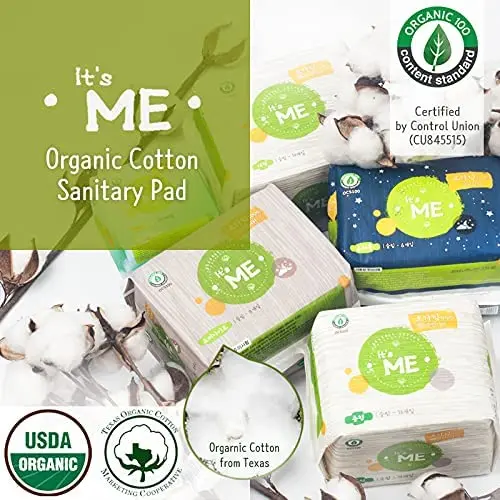 IT'S ME KOREAN premium large sanitary pads made with 100% organic cotton top sheet for sensitive skin, offering protection during menstruation and postpartum.