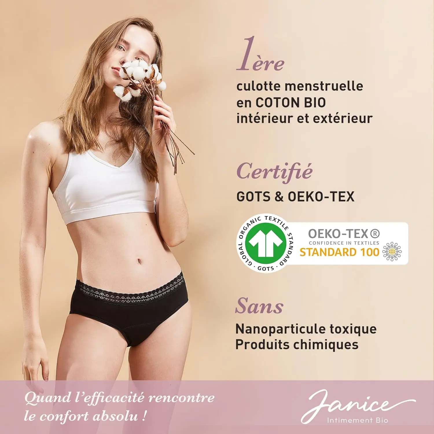 This image displays a 3-pack of JANICE organic cotton period panties, designed for abundant flow and postpartum use.
