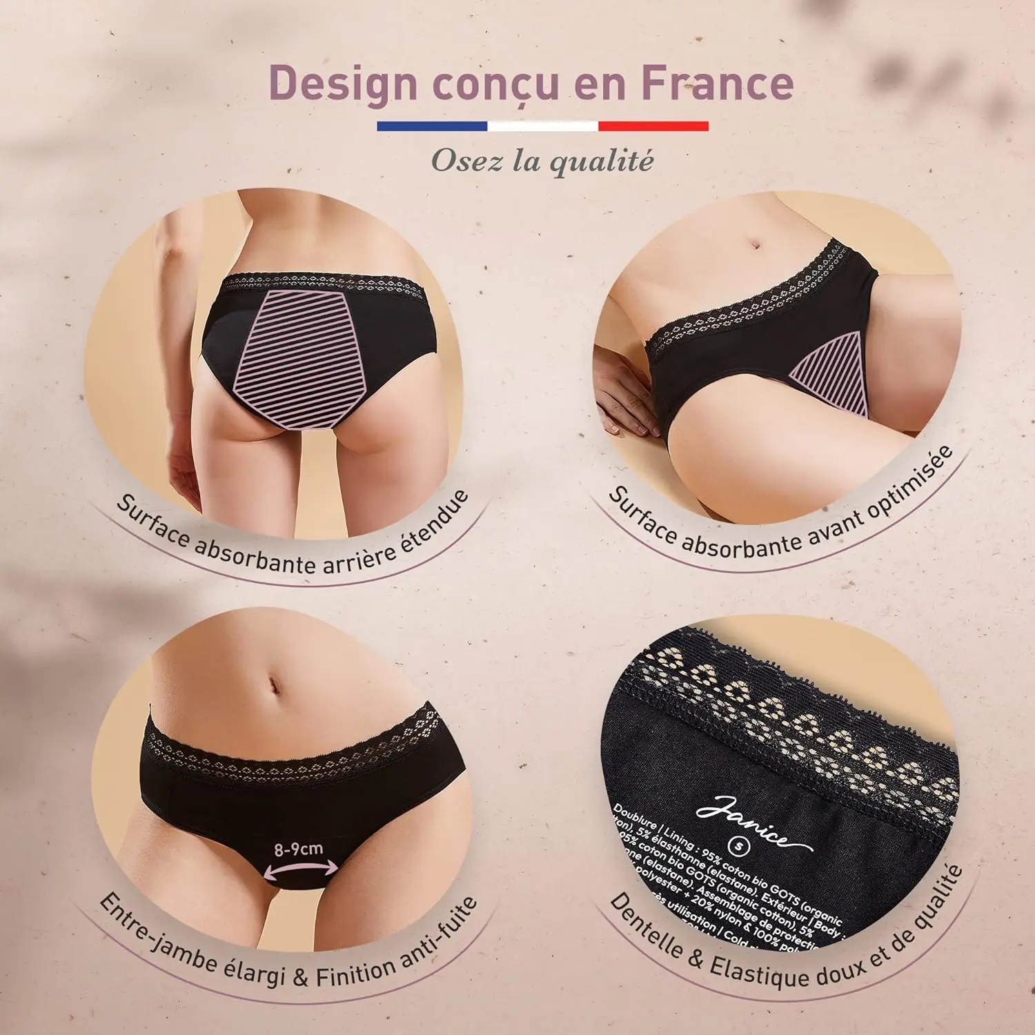 This image displays a 3-pack of JANICE organic cotton period panties, designed for abundant flow and postpartum use.