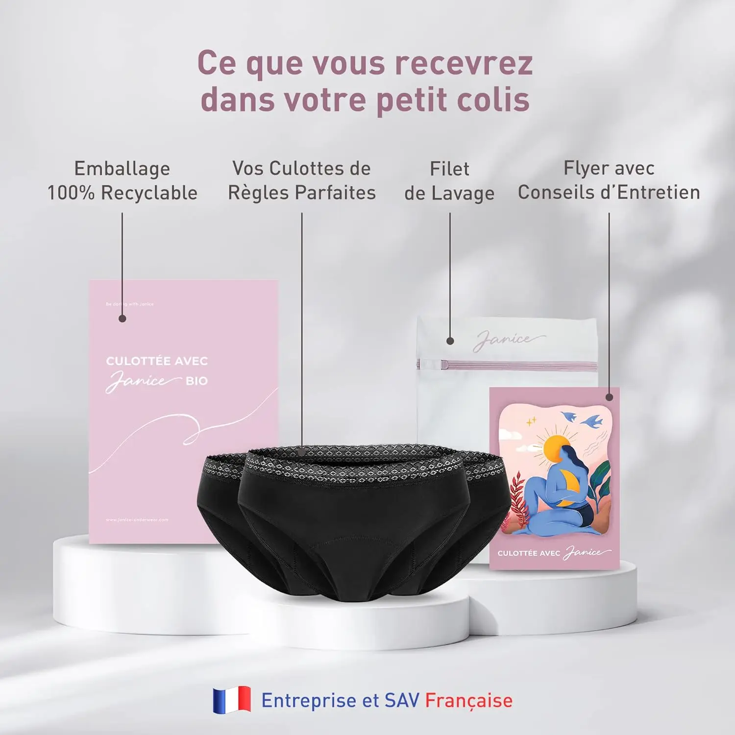 This image displays a 3-pack of JANICE organic cotton period panties, designed for abundant flow and postpartum use.