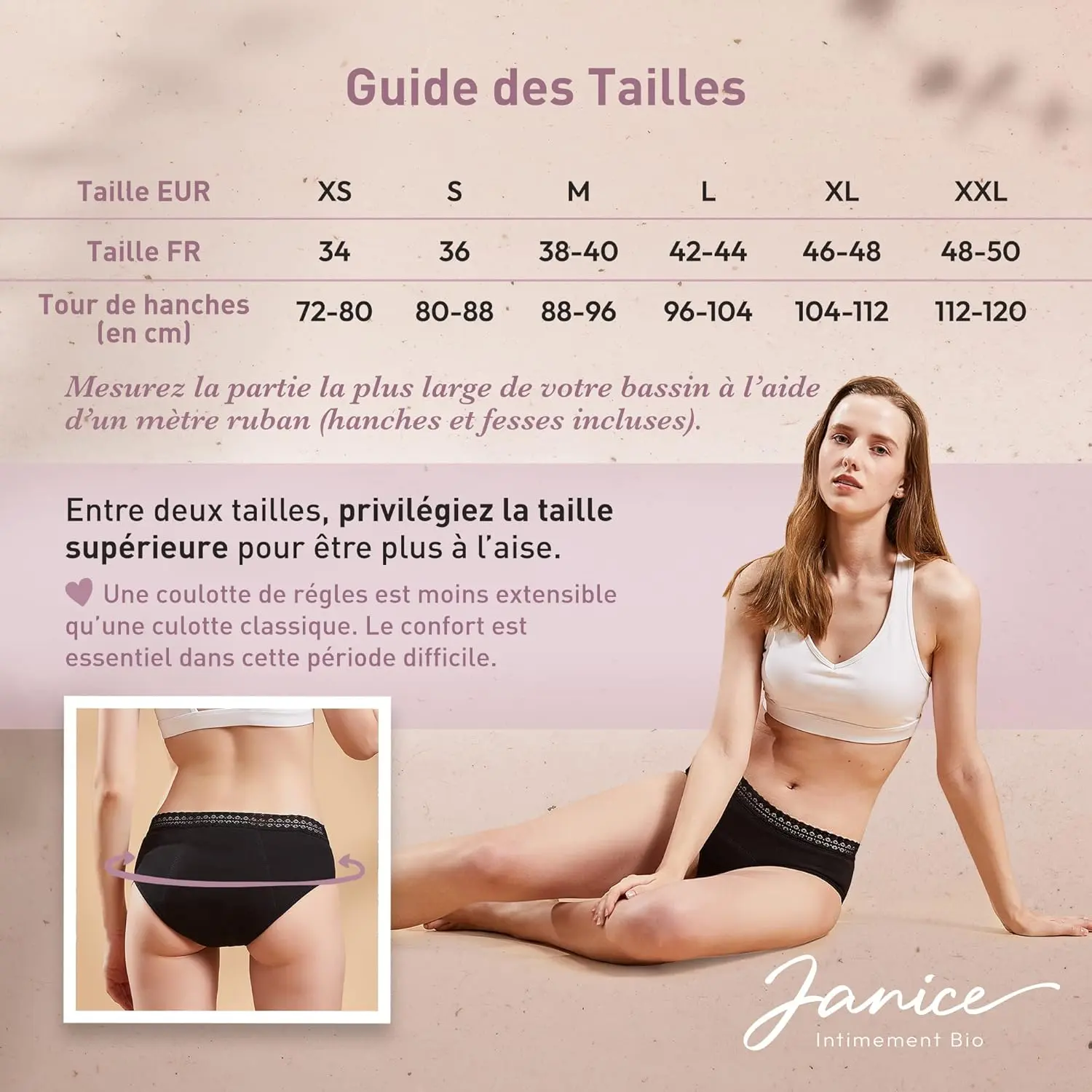 This image displays a 3-pack of JANICE organic cotton period panties, designed for abundant flow and postpartum use.