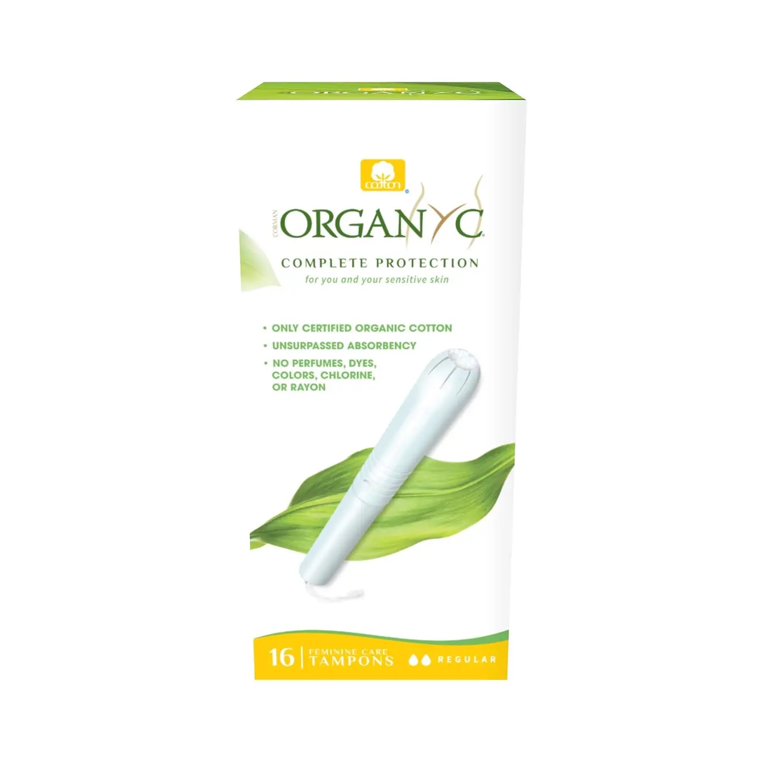 Sixteen regular absorbency Organyc tampons with applicator made of 100% organic cotton, certified vegan and biodegradable.