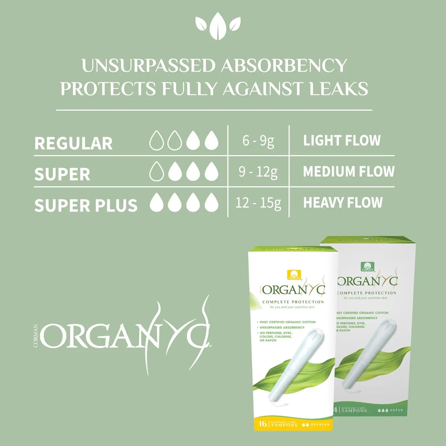 Sixteen regular absorbency Organyc tampons with applicator made of 100% organic cotton, certified vegan and biodegradable.