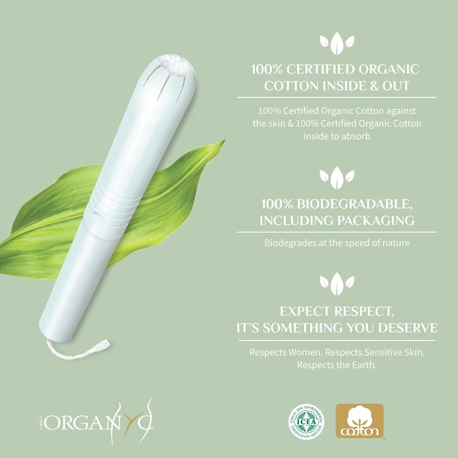 Sixteen regular absorbency Organyc tampons with applicator made of 100% organic cotton, certified vegan and biodegradable.