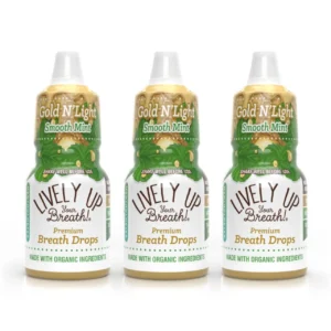 Three bottles of Lively Up Gold N' Light organic honey breath freshener offer a milder, refreshing taste with exotic ingredients for long-lasting fresh breath.