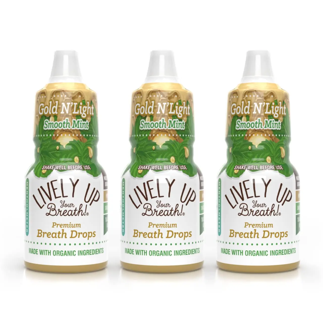 Three bottles of Lively Up Gold N' Light organic honey breath freshener offer a milder, refreshing taste with exotic ingredients for long-lasting fresh breath.
