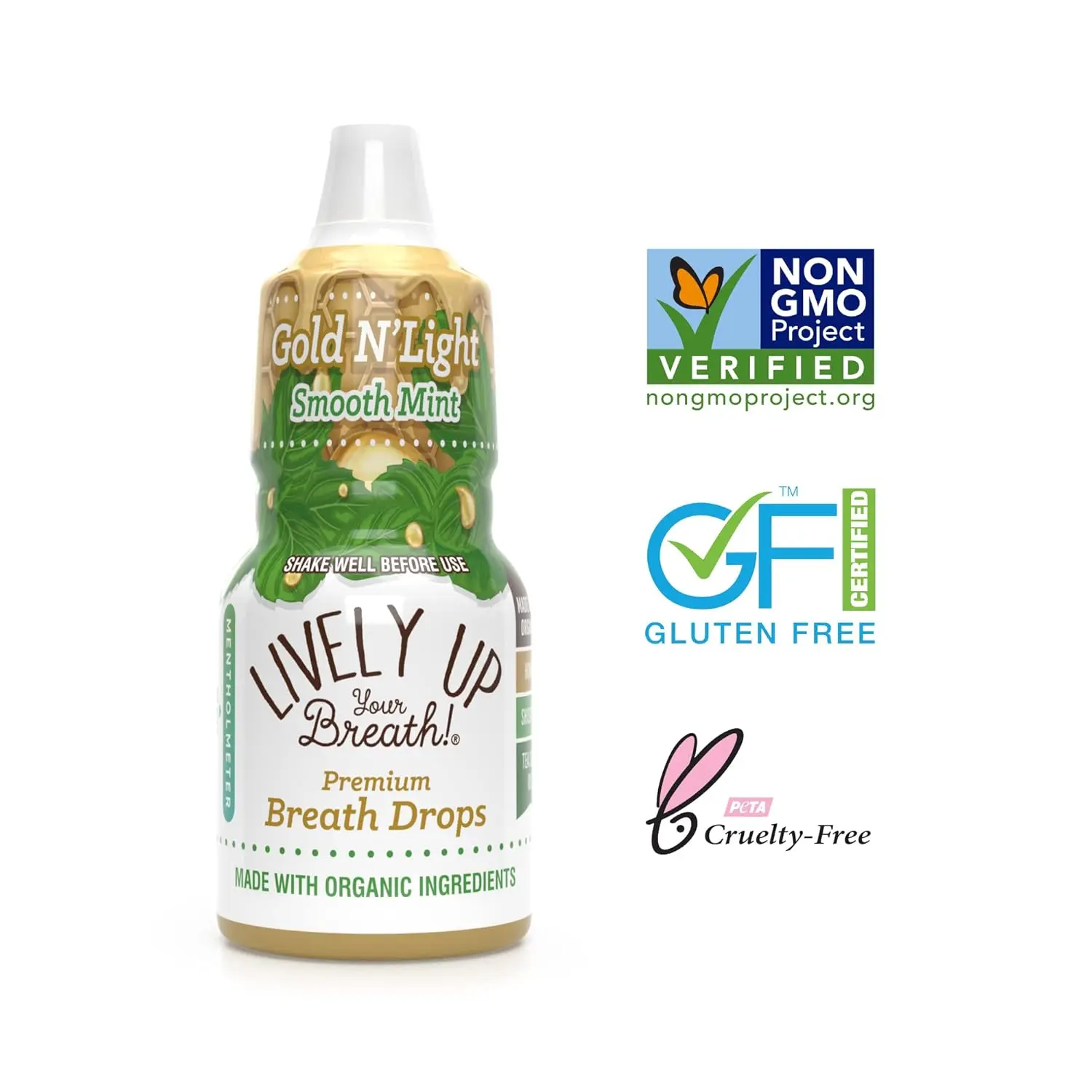 Three bottles of Lively Up Gold N' Light organic honey breath freshener offer a milder, refreshing taste with exotic ingredients for long-lasting fresh breath.
