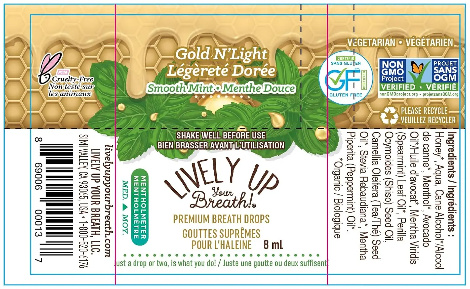 Three bottles of Lively Up Gold N' Light organic honey breath freshener offer a milder, refreshing taste with exotic ingredients for long-lasting fresh breath.