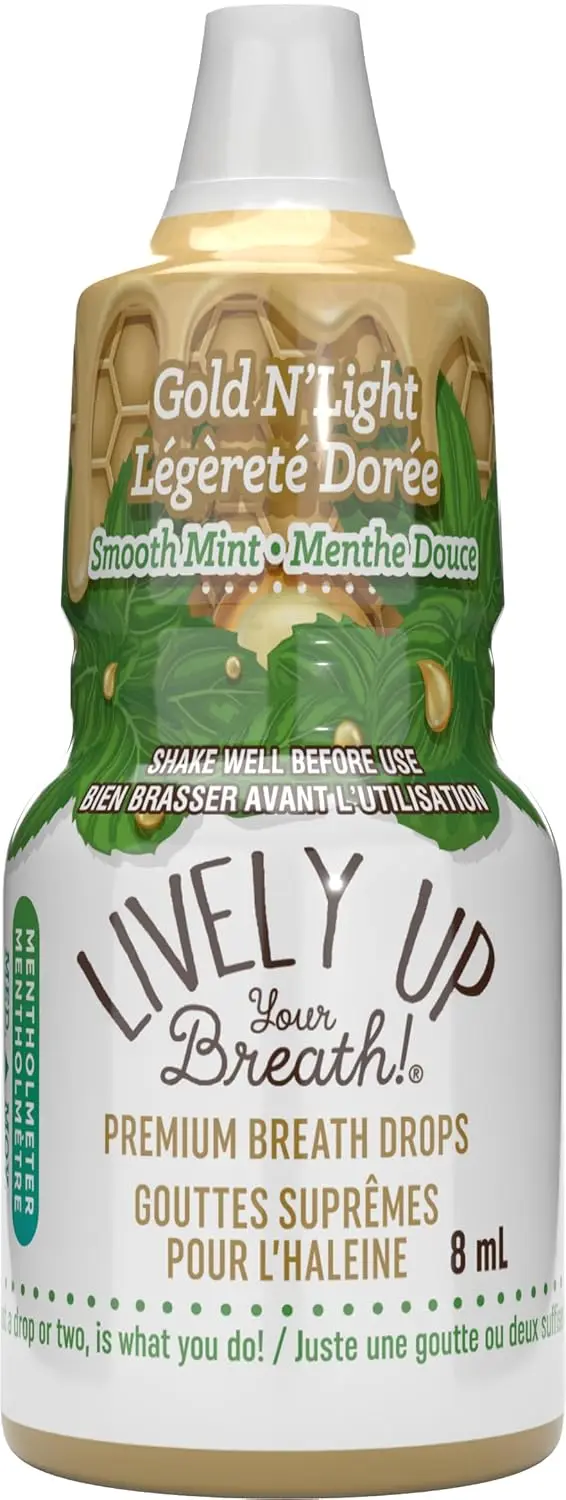 Three bottles of Lively Up Gold N' Light organic honey breath freshener offer a milder, refreshing taste with exotic ingredients for long-lasting fresh breath.