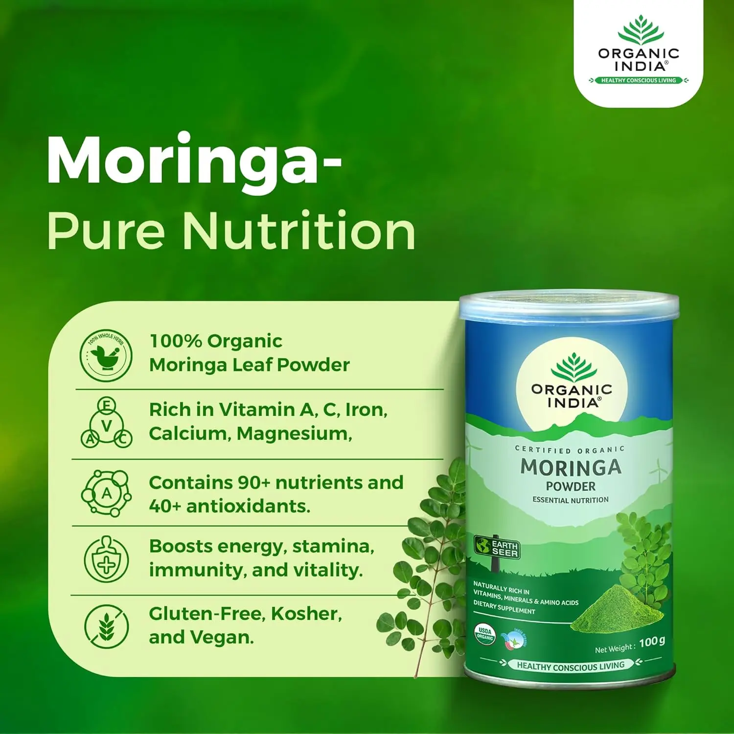 Organic India Moringa Powder provides essential nutrition as a 100% Ayurvedic product with no side effects.