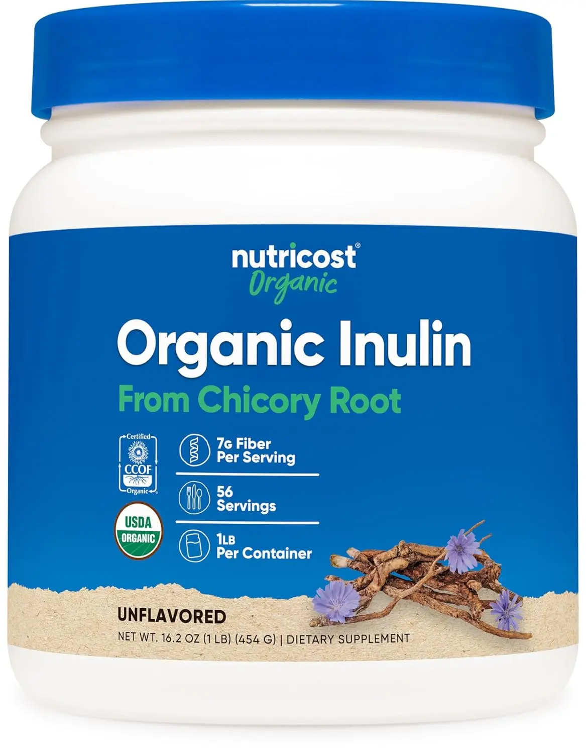 One pound bottle of Nutricost organic inulin powder, a vegetarian-friendly and gluten-free fiber supplement derived from chicory root, certified USDA organic and manufactured in a GMP compliant, FDA registered facility.