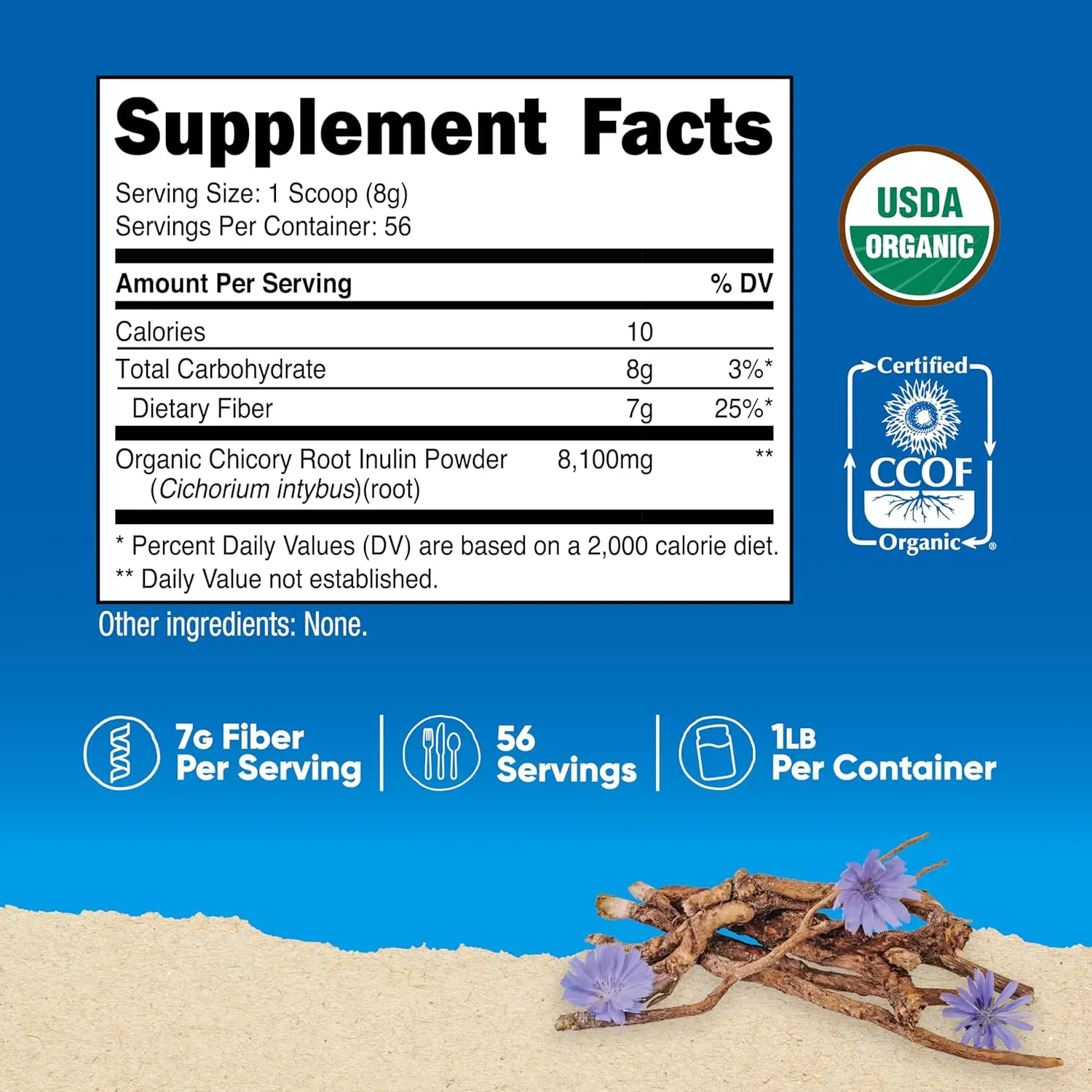 One pound bottle of Nutricost organic inulin powder, a vegetarian-friendly and gluten-free fiber supplement derived from chicory root, certified USDA organic and manufactured in a GMP compliant, FDA registered facility.