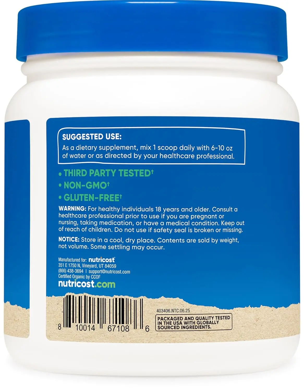 One pound bottle of Nutricost organic inulin powder, a vegetarian-friendly and gluten-free fiber supplement derived from chicory root, certified USDA organic and manufactured in a GMP compliant, FDA registered facility.