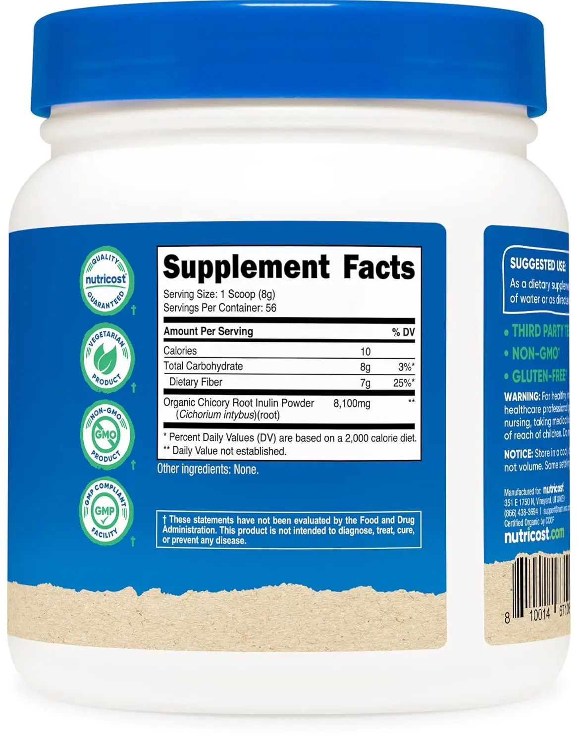 One pound bottle of Nutricost organic inulin powder, a vegetarian-friendly and gluten-free fiber supplement derived from chicory root, certified USDA organic and manufactured in a GMP compliant, FDA registered facility.
