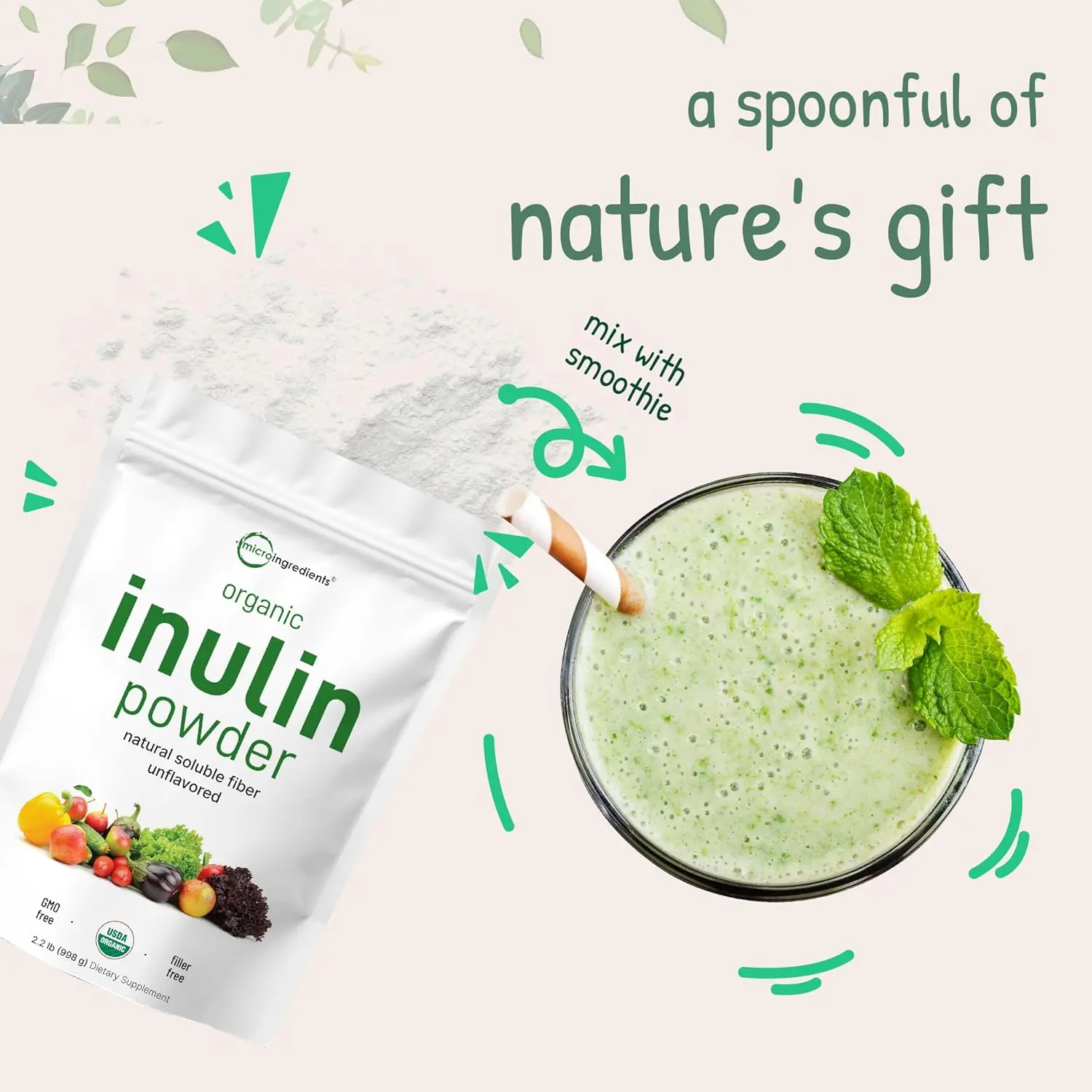 A scoop of organic inulin powder, a natural prebiotic fiber supplement sourced from Jerusalem artichoke, promoting healthy digestion and gut flora.