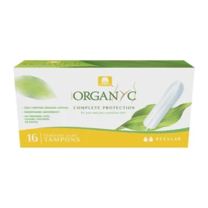 Organic regular tampons made from 100% organic cotton that are Vegan Ok certified, biodegradable, and compostable.