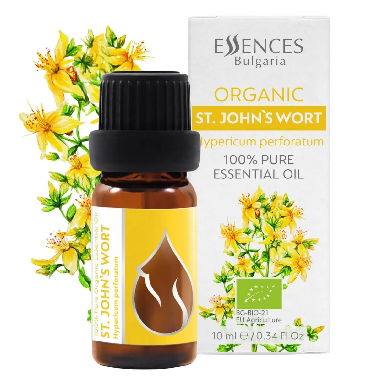 Bottle of Essences Bulgaria organic St. John's Wort essential oil, 100% pure and undiluted, sourced from a family farm in Bulgaria for aromatherapy.