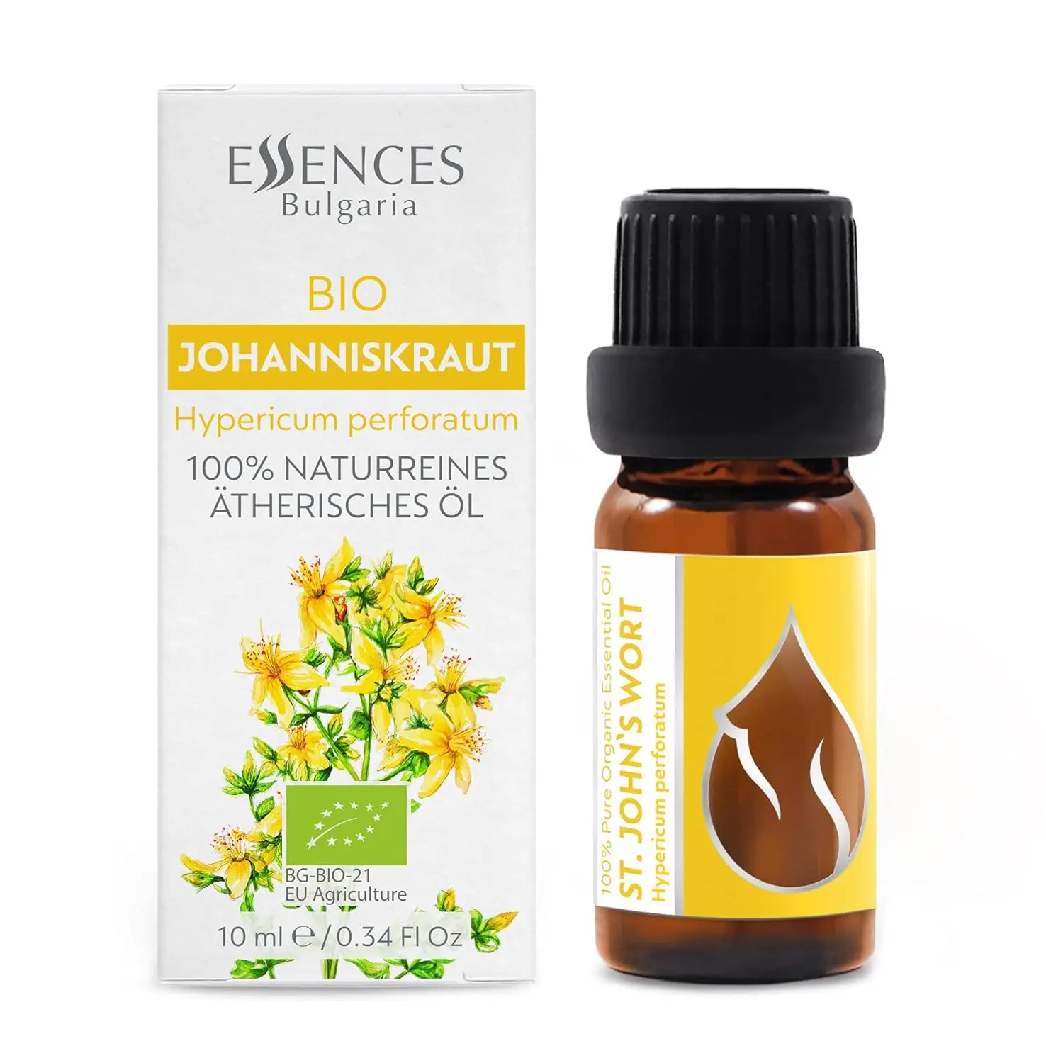Bottle of Essences Bulgaria organic St. John's Wort essential oil, 100% pure and undiluted, sourced from a family farm in Bulgaria for aromatherapy.