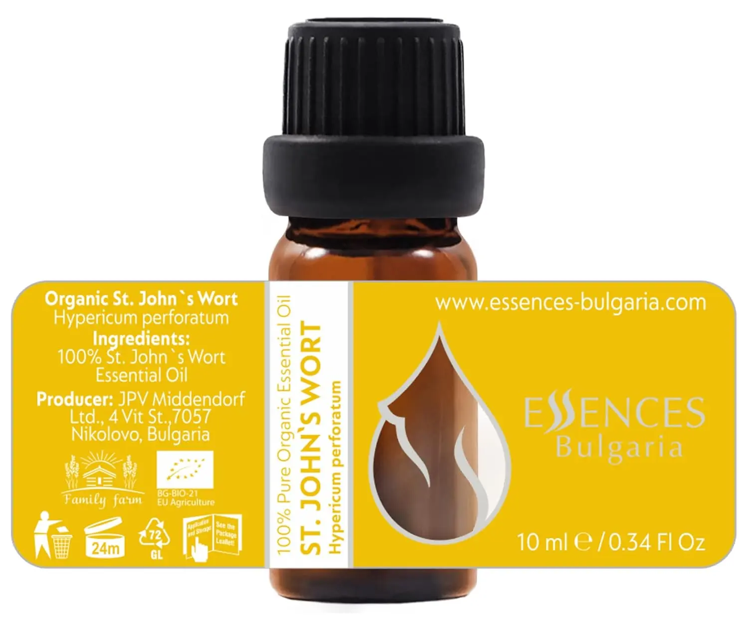Bottle of Essences Bulgaria organic St. John's Wort essential oil, 100% pure and undiluted, sourced from a family farm in Bulgaria for aromatherapy.
