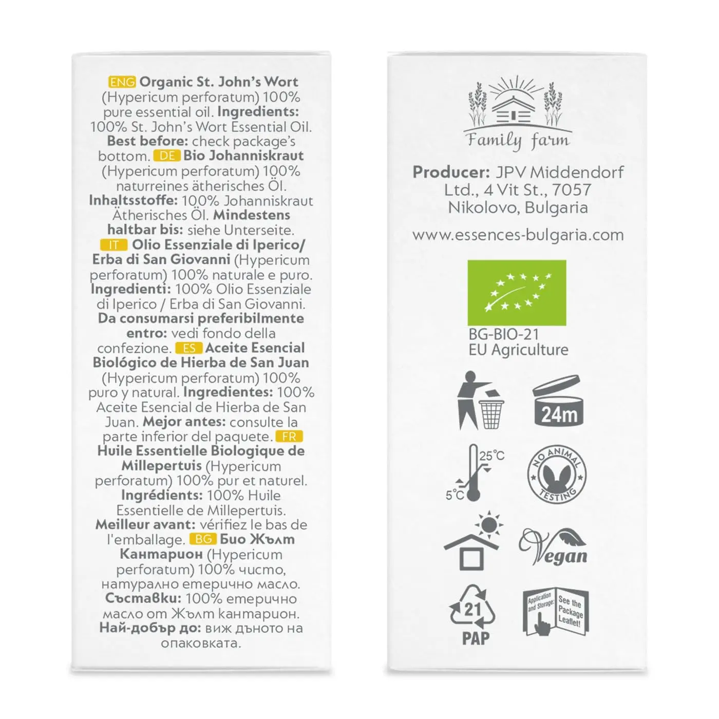 Bottle of Essences Bulgaria organic St. John's Wort essential oil, 100% pure and undiluted, sourced from a family farm in Bulgaria for aromatherapy.