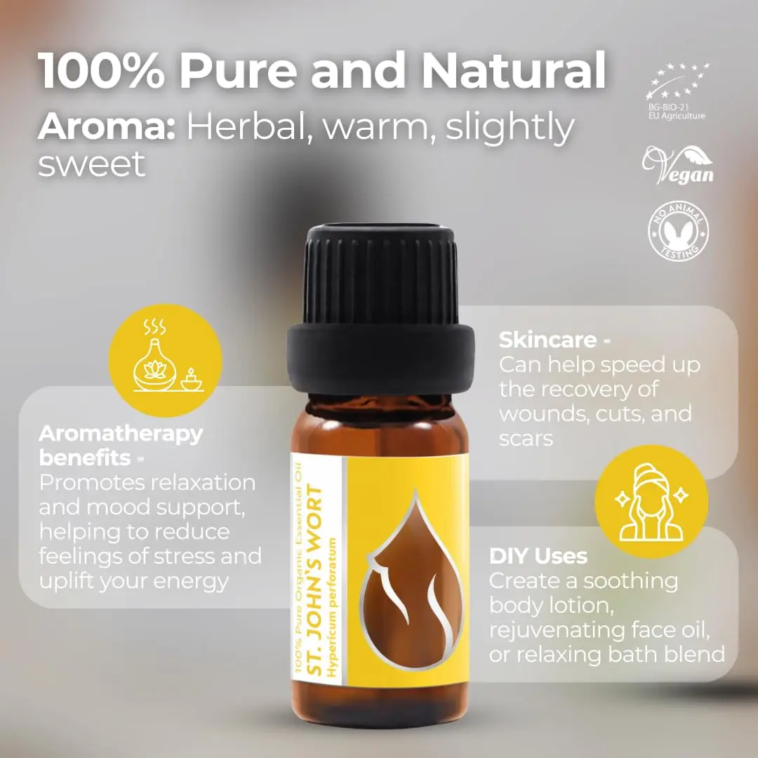 Bottle of Essences Bulgaria organic St. John's Wort essential oil, 100% pure and undiluted, sourced from a family farm in Bulgaria for aromatherapy.