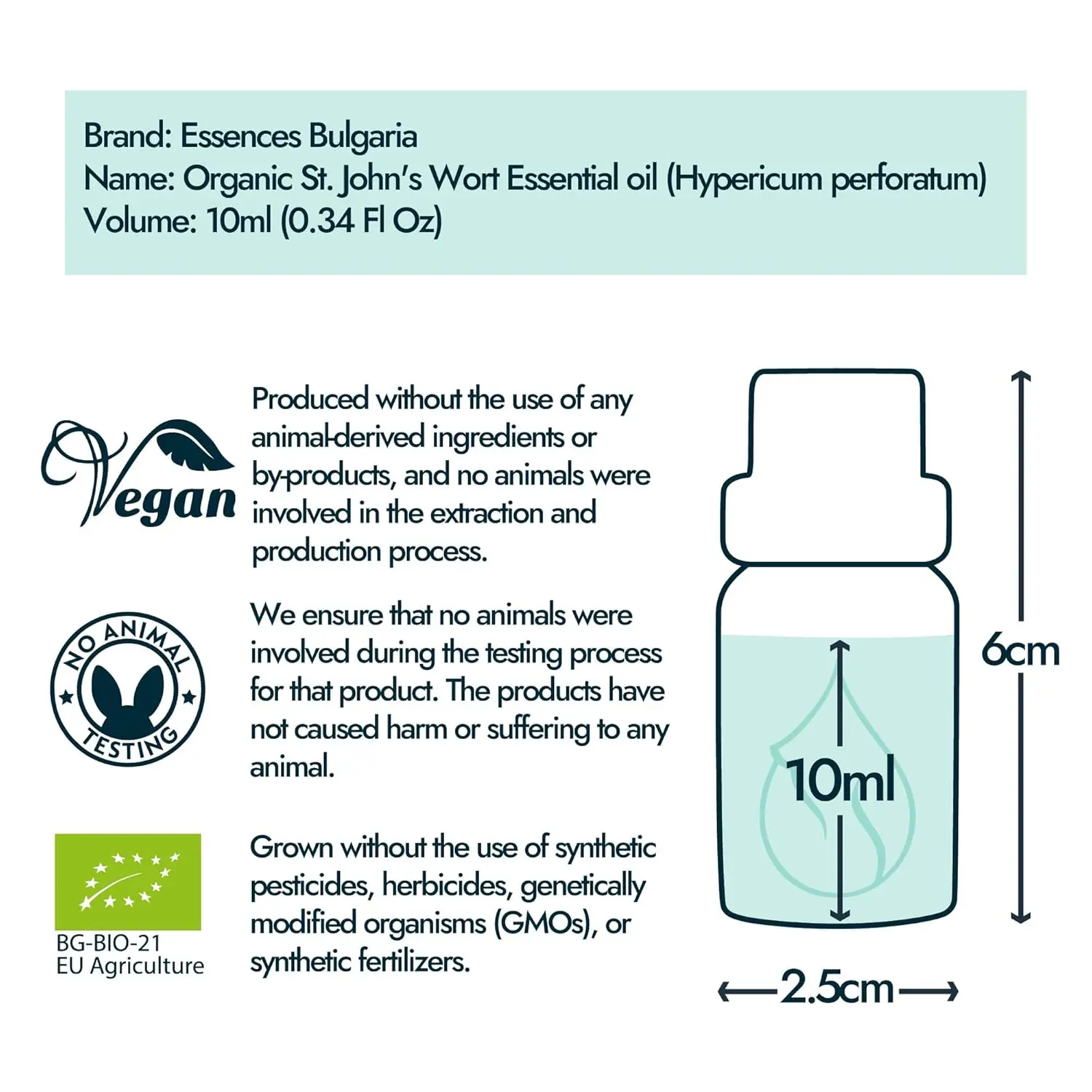 Bottle of Essences Bulgaria organic St. John's Wort essential oil, 100% pure and undiluted, sourced from a family farm in Bulgaria for aromatherapy.