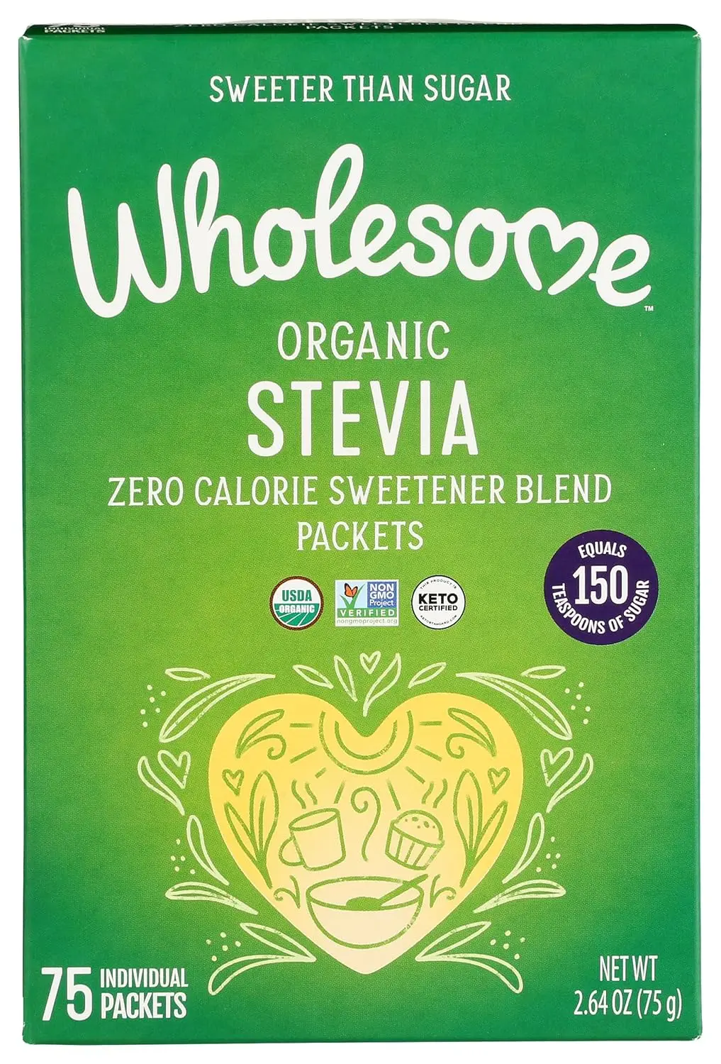 This is a 75g package of organic stevia sweetener, a low glycemic and non-GMO alternative to sugar perfect for sweetening drinks and desserts.