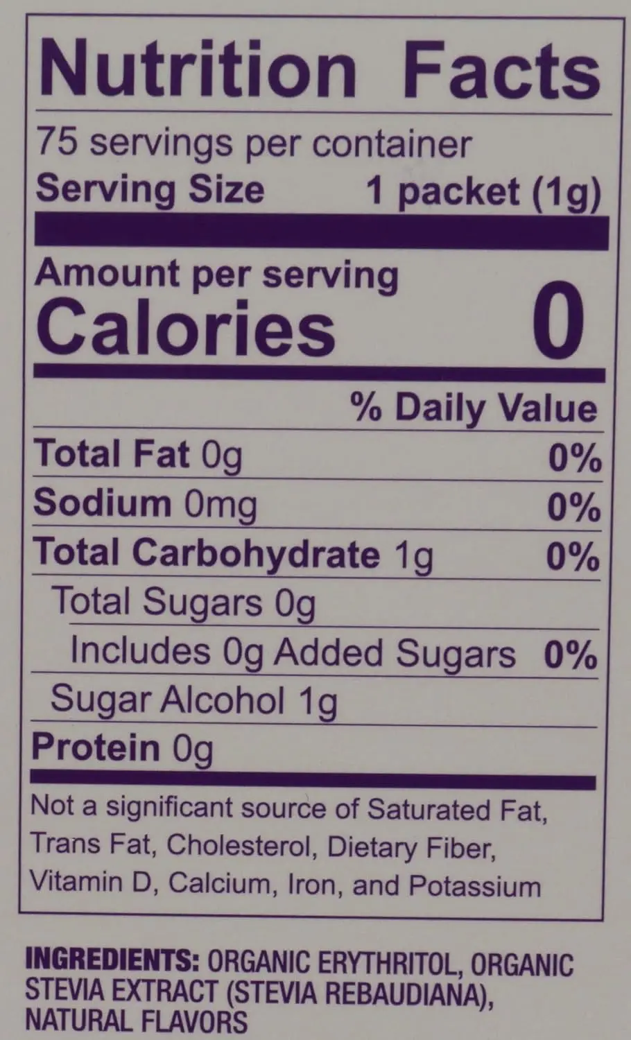 This is a 75g package of organic stevia sweetener, a low glycemic and non-GMO alternative to sugar perfect for sweetening drinks and desserts.