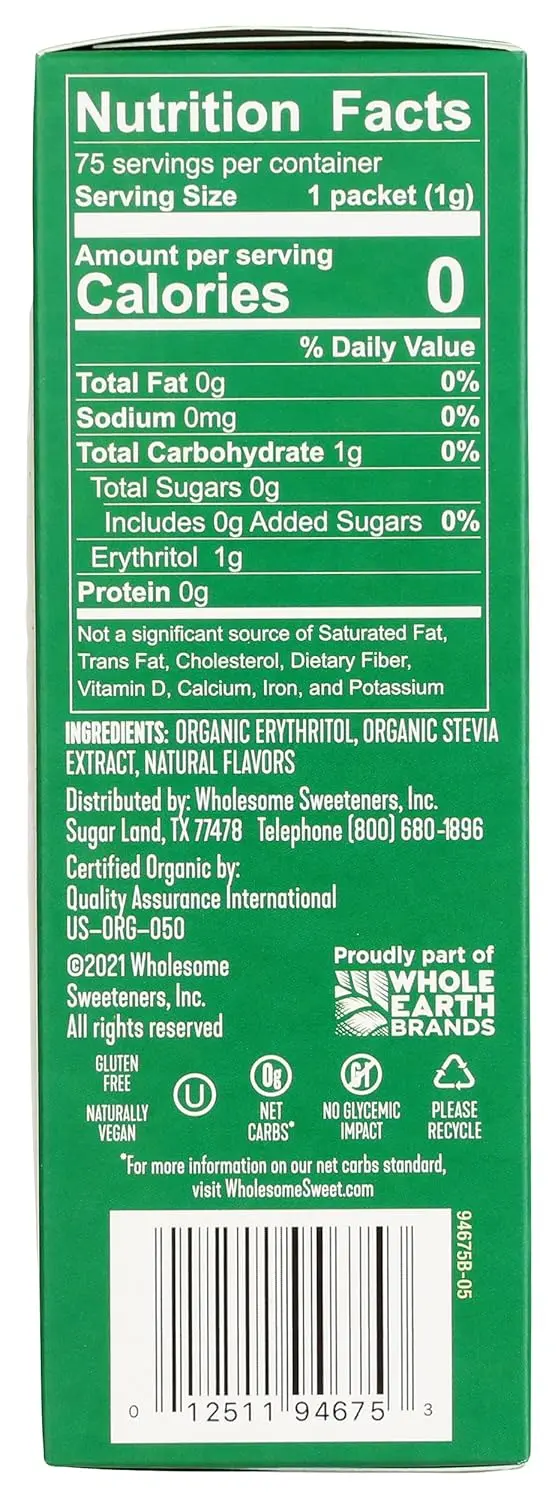 This is a 75g package of organic stevia sweetener, a low glycemic and non-GMO alternative to sugar perfect for sweetening drinks and desserts.