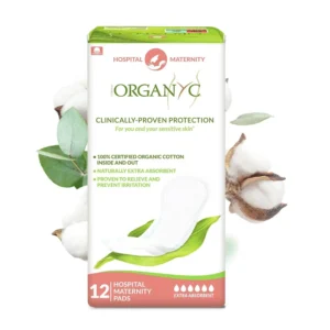 Twelve Organyc brand organic cotton pregnancy pads, Vegan OK certified and biodegradable, designed for sensitive skin.
