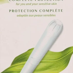 Close-up of Organyc regular absorbency tampons made with 100% certified organic cotton and cardboard applicator.