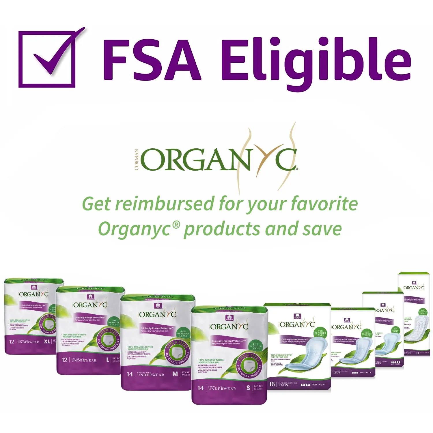 Organyc incontinence pads made with 100% organic cotton offer maximum flow protection against bladder leaks, odor, wetness, and skin irritation, while being gentle on sensitive skin.