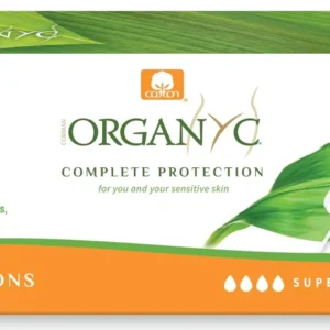 Image of a box of Organyc Super Plus tampons, made from 100% certified organic cotton and perfume-free, designed to be compatible with the skin's natural pH.
