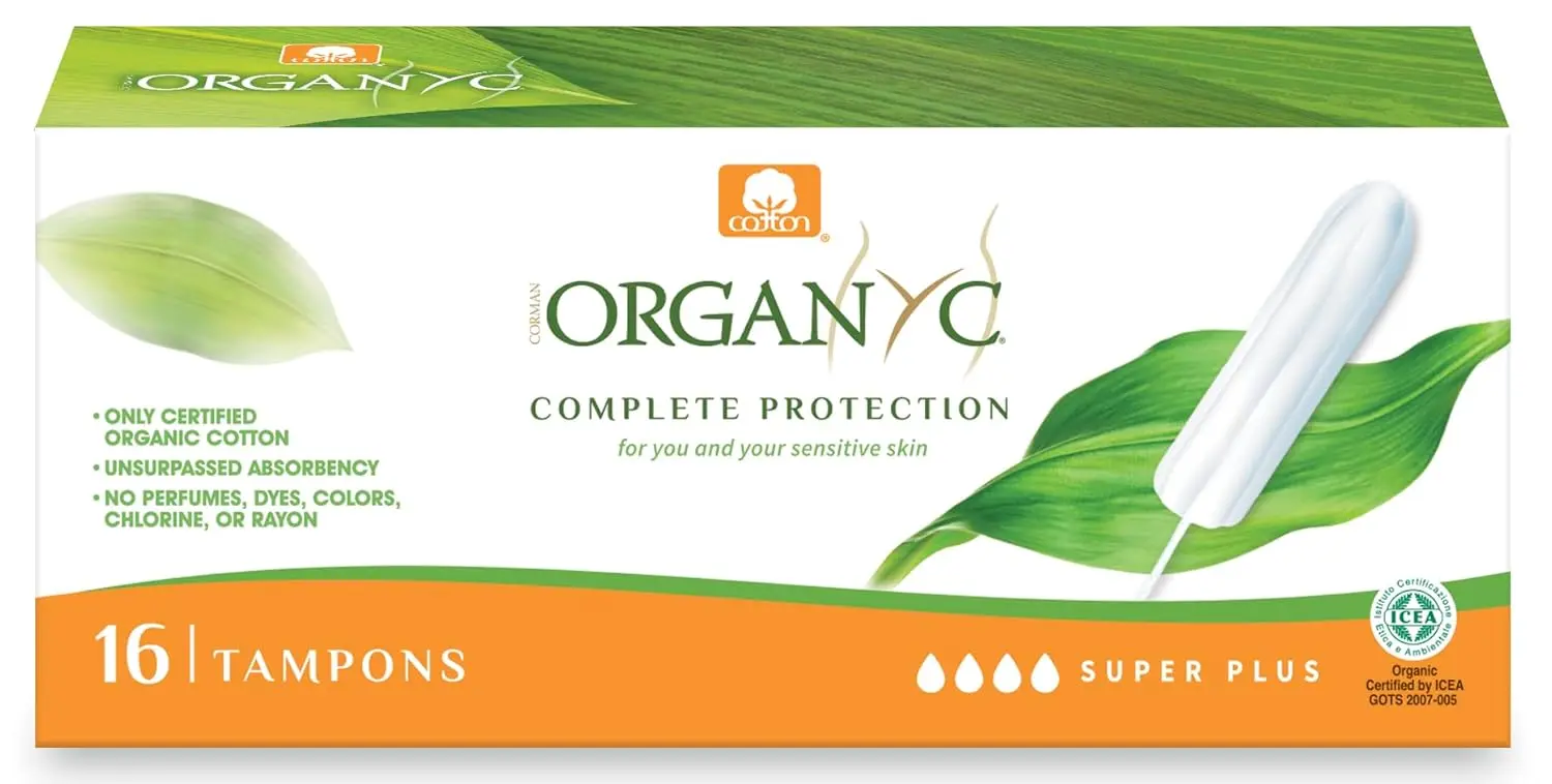 Image of a box of Organyc Super Plus tampons, made from 100% certified organic cotton and perfume-free, designed to be compatible with the skin's natural pH.