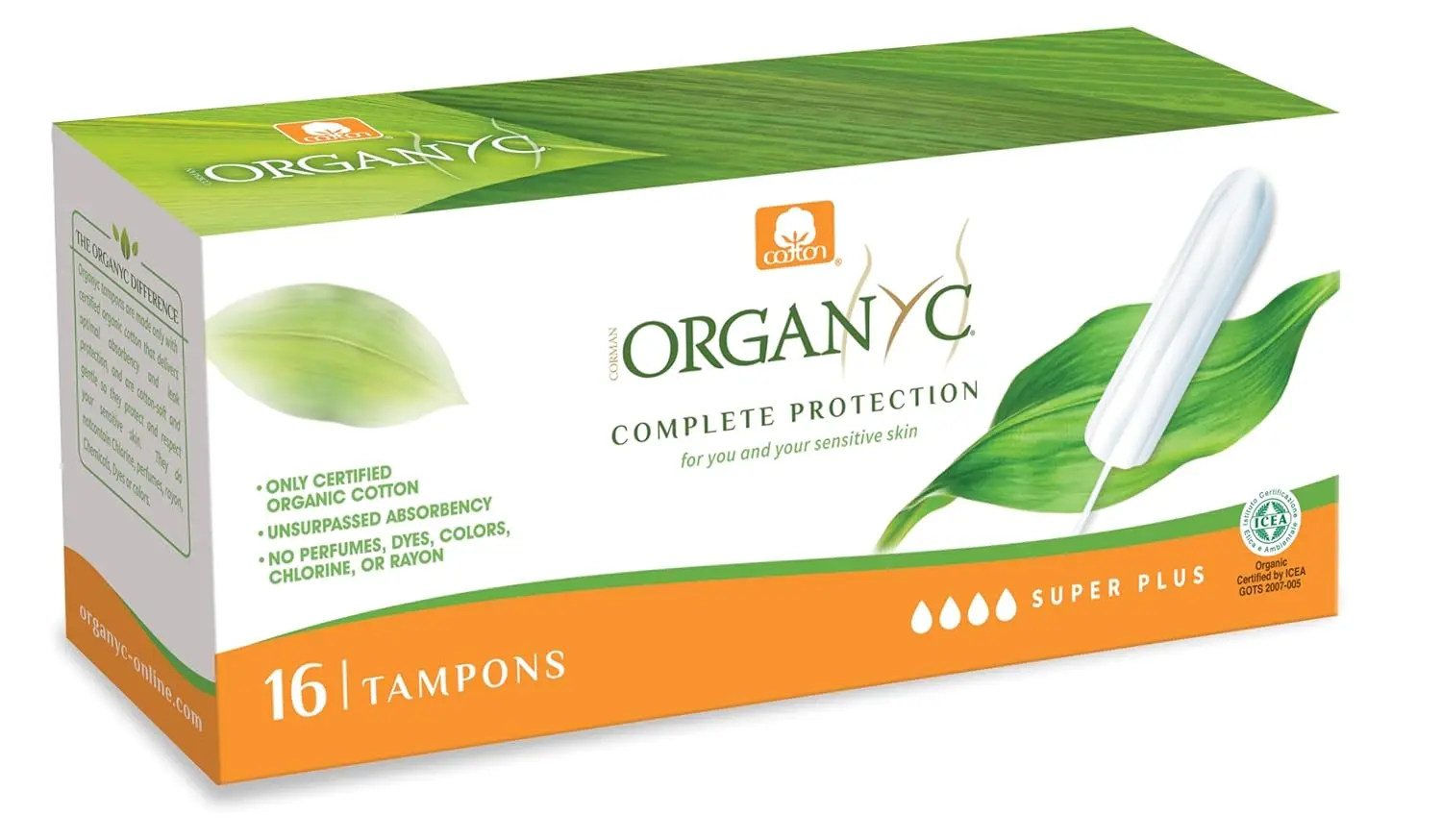 Image of a box of Organyc Super Plus tampons, made from 100% certified organic cotton and perfume-free, designed to be compatible with the skin's natural pH.