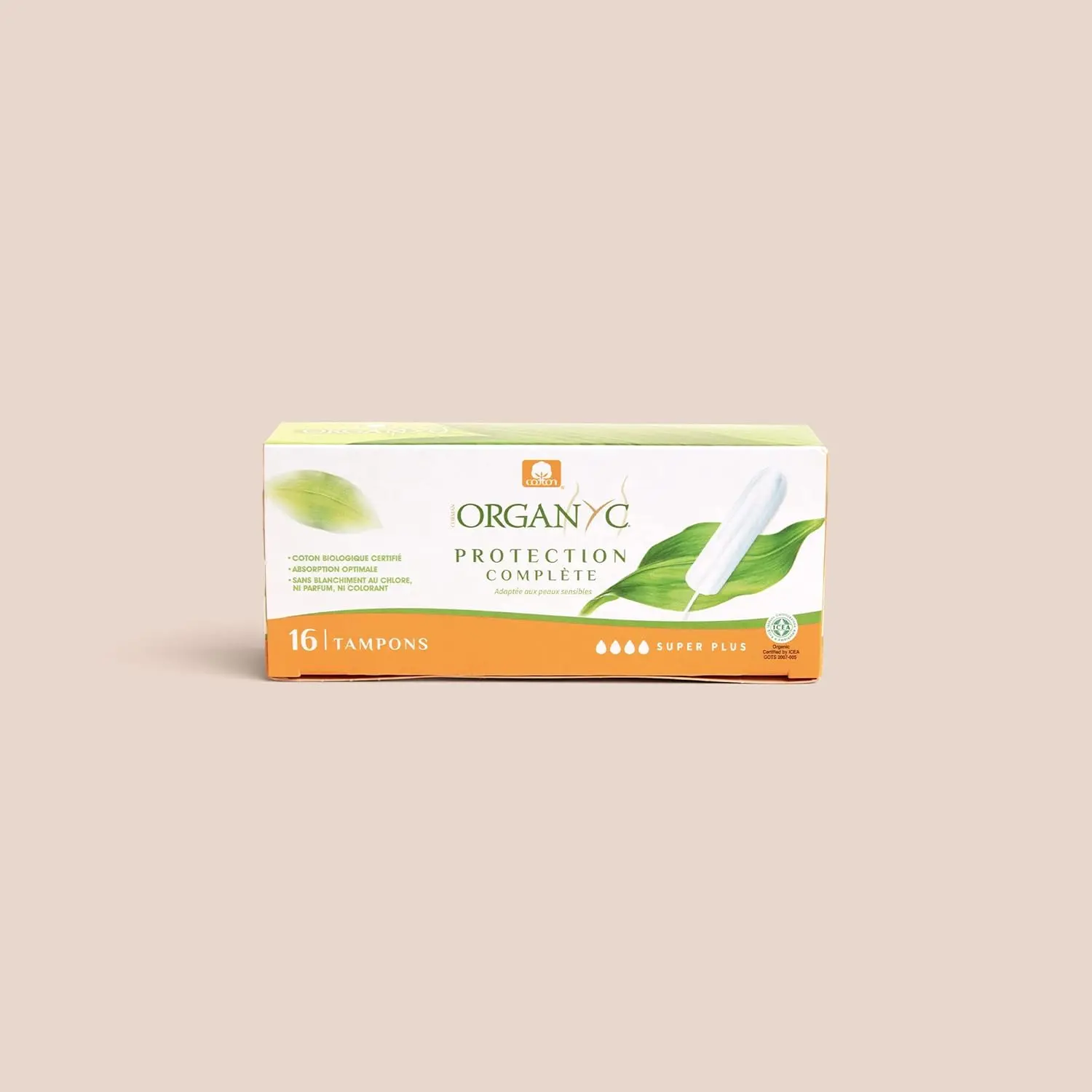 Image of a box of Organyc Super Plus tampons, made from 100% certified organic cotton and perfume-free, designed to be compatible with the skin's natural pH.