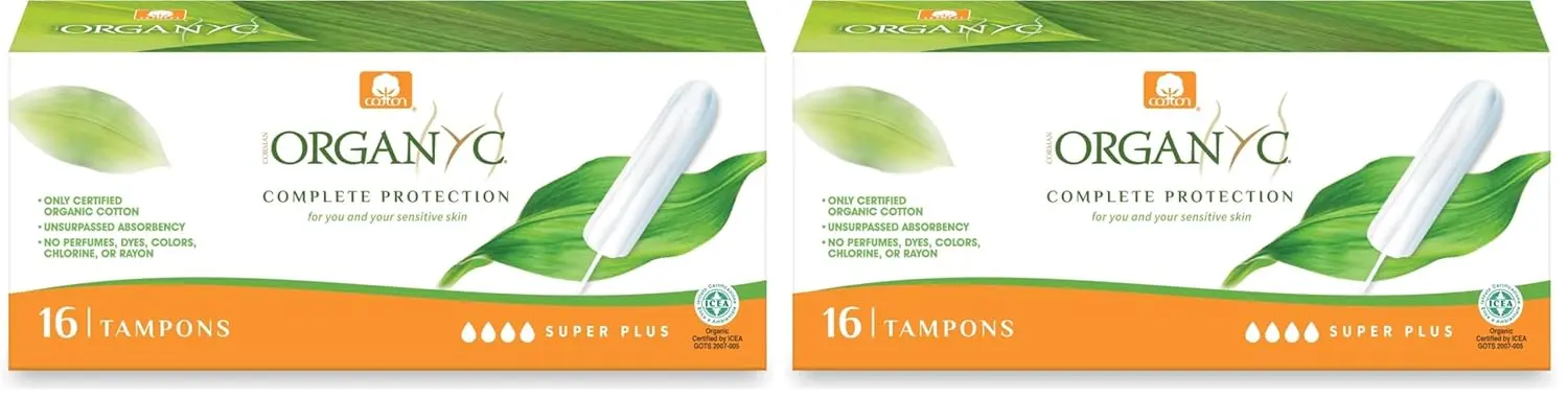 Image of a box of Organyc Super Plus tampons, made from 100% certified organic cotton and perfume-free, designed to be compatible with the skin's natural pH.