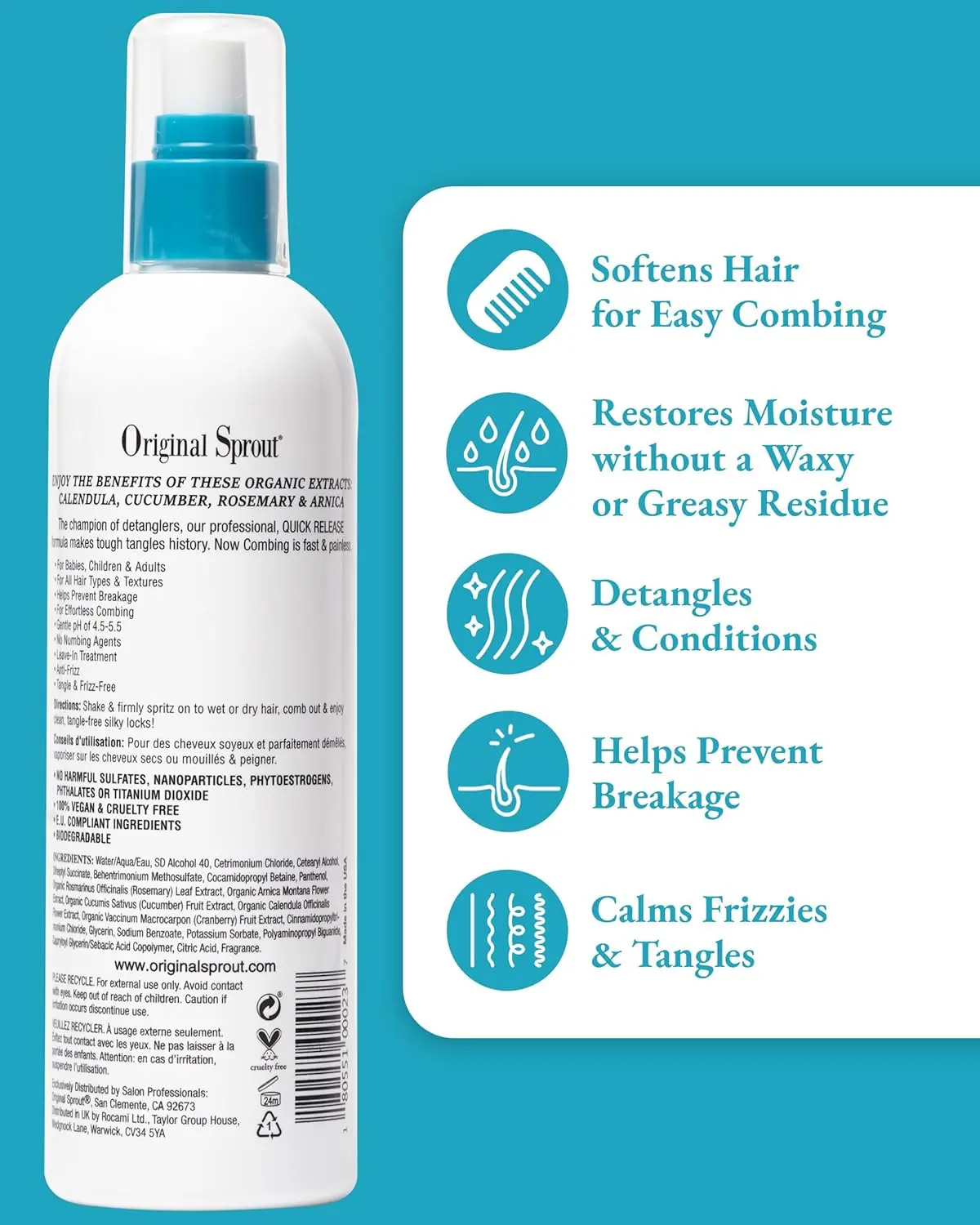 Original Sprout Miracle Detangler spray smooths and untangles hair, leaving it soft and revitalized with moisturizing botanicals like calendula and rosemary.