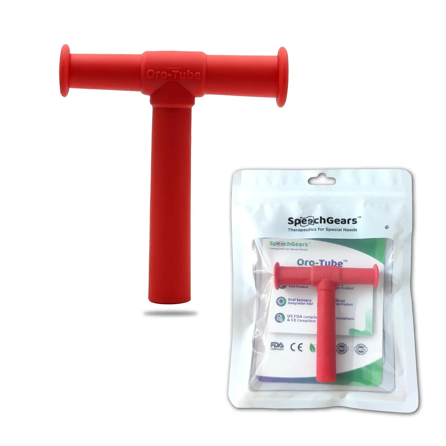 Red SPEECHGEARS Oro-Tube is a medical grade chewing tube designed for speech, feeding, and sensory integration, offering a resilient, non-consumable surface for jaw grading, alignment, and oral tactile treatment.