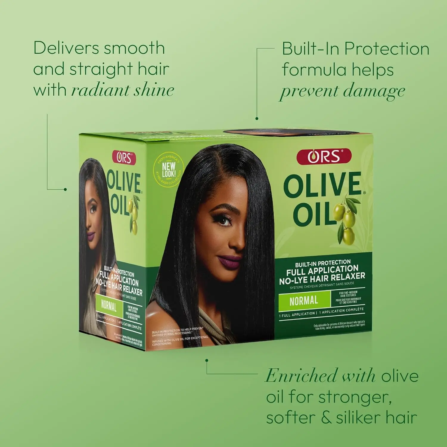 ORS Olive Oil Built-In Protection No-Lye Hair Relaxer gently relaxes and protects normal hair with olive oil, shea butter, and Pequi Oil for manageability, strength, and shine.