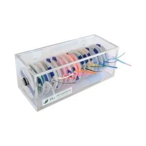 Clear orthodontic power chain dispenser box with lid, designed to hold and organize up to 16 elastic power chains, keeping them free from contamination.