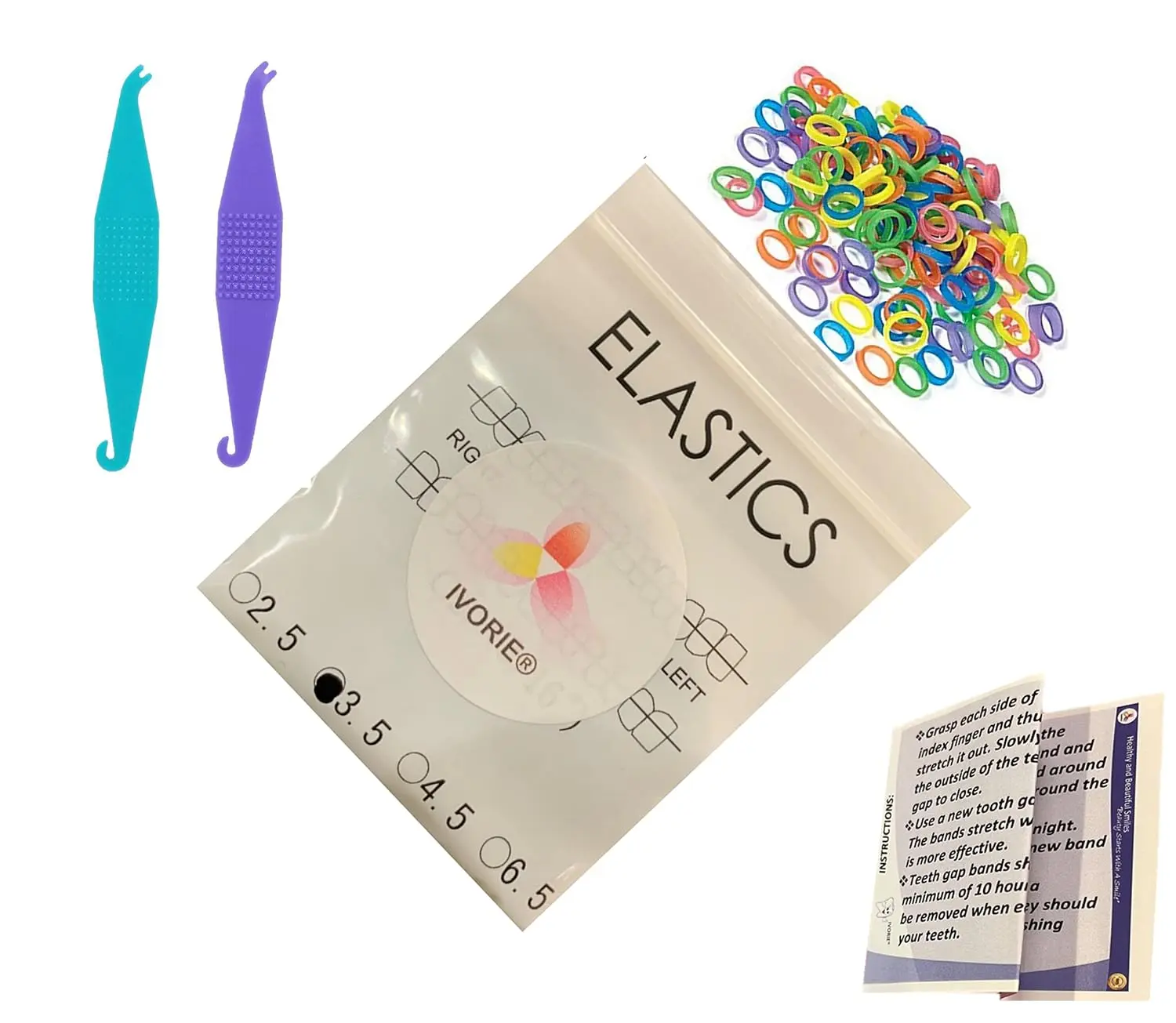 A pack of mixed color ortho elastic rubber bands for closing teeth gaps and other uses like braces and crafts.