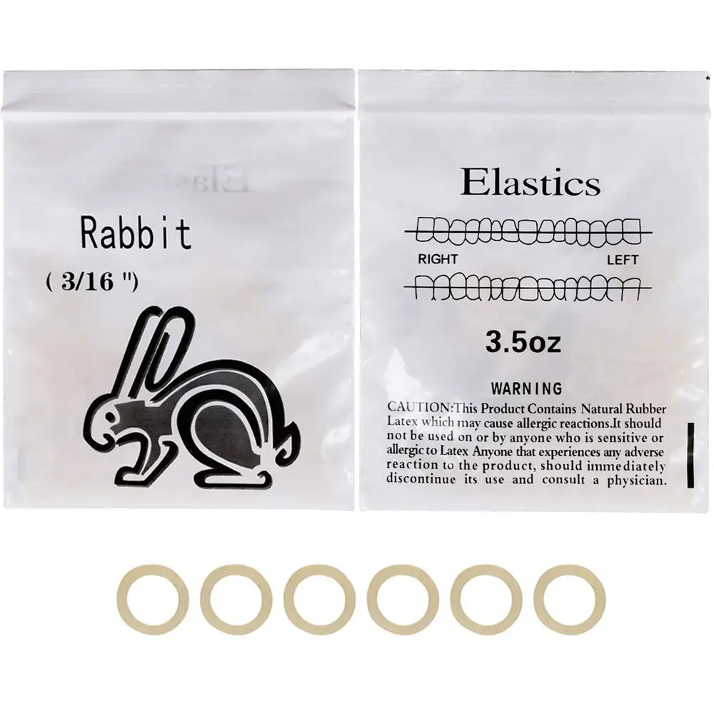 A close-up image showing a pack of 500 orthodontic elastic rubber bands designed for dental use, offering gentle and long-lasting traction with high elasticity and durability, made from safe, imported rubber materials.