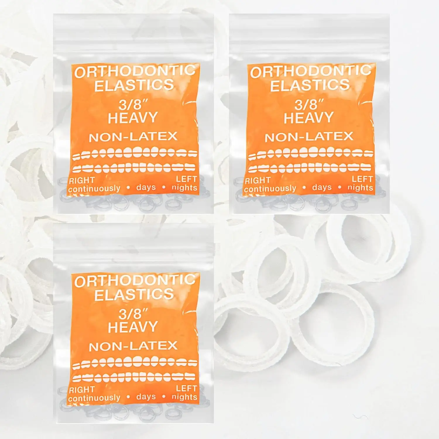 A pack of 300 clear, prime medical grade orthodontic elastic bands, heavy force, 3/8 inch size, for consistent and accurate dental use.