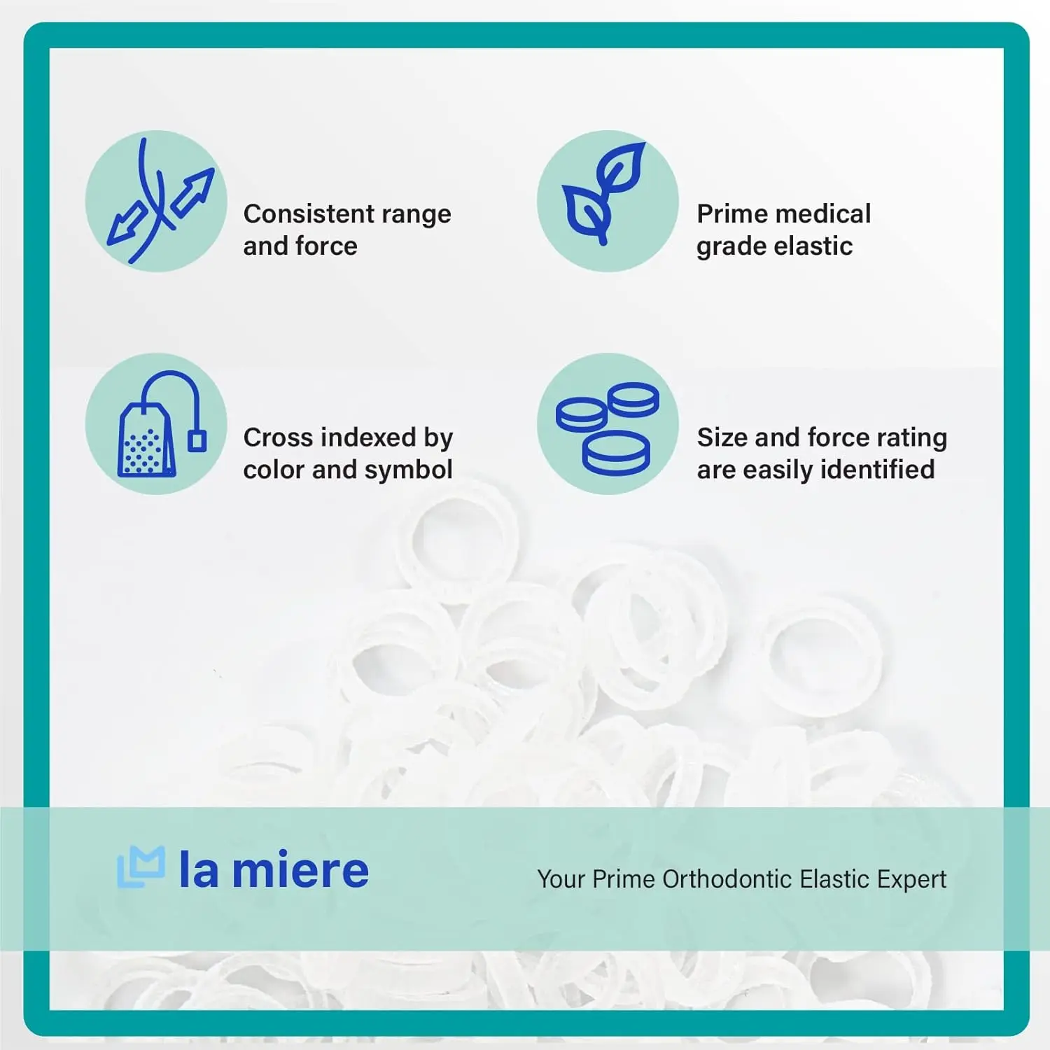 A pack of 300 clear, prime medical grade orthodontic elastic bands, heavy force, 3/8 inch size, for consistent and accurate dental use.